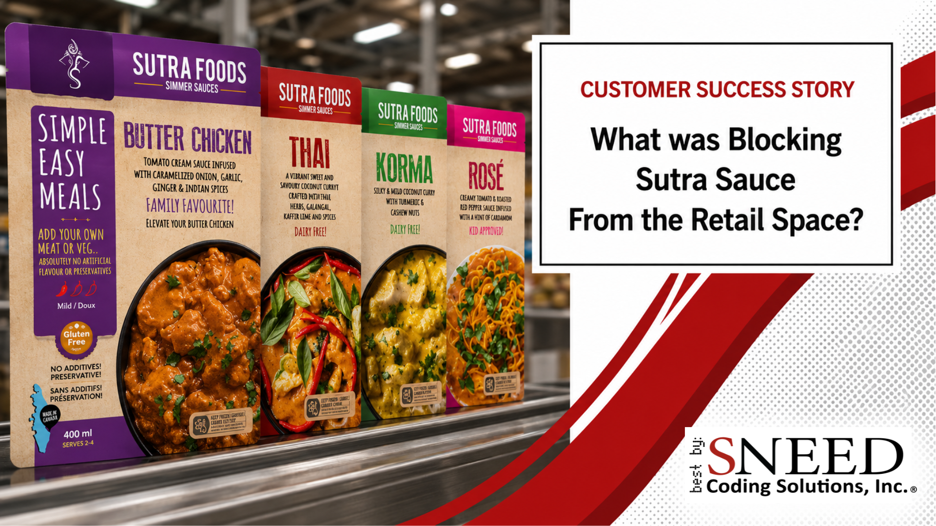 This graphic is split in two. On the left side we have 4 packets of Sutra Foods Simmer Sauces, reading from left to right we have butter chicken, Thai, Korma, and Rose. The right side of the graphic has the text box that reads: Customer Success Story: What was Blocking Sutra Sauce From the Retail Space? The bottom of the graphic contains the Sneed Coding Solutions logo.
